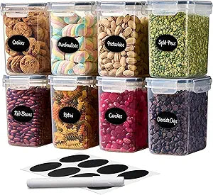 DWLLZA KITCHEN Airtight Food Storage Container Set - 8 Pieces 1.4L - Plastic BPA Free Kitchen Pantry Storage Containers with Lids - Dishwasher Safe - Include 8 Labels - Keeps Food Fresh & Dry