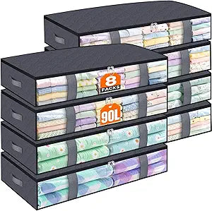 TasticTotes Under Bed Storage Containers, 8 Pack Blanket Storage Bags, Collapsible Storage Bags with Big Zippers, Clear Front, Shoe Storage and Organization for Clothes, Comforter, 90L, Grey