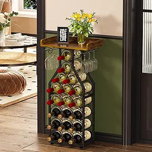 X-cosrack Wine Rack Freestanding Floor, Wine Storage Rack Mini Bar Table with Tabletop, Glass Holder Wine Bottle Display Stand Liquor Cabinet for Home Bar Kitchen Living Room