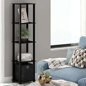Furinno Turn-N-Tube Book Shelf, 5-Tier Square Open Frame Display Shelf, Corner Storage Shelves with Storage Bin, Shelving Unit, for Organization and Storage, Living Room, Garage, Home Office, Black
