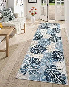 Wonnitar Monstera Leaf 2x6 Kitchen Rug Runner, Washable Blue Runner Rugs for Hallway, Non-Slip Tropical Plant Entryway Long Carpet Low Pile Accent Mat for Bedroom Bathroom Entrance