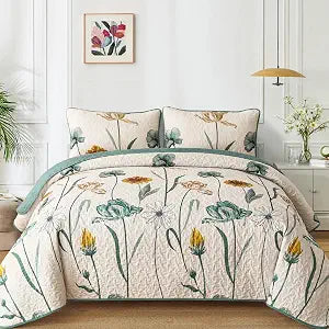 WONGS BEDDING Floral Quilt Set Queen Size, Aqua Green Boho Bedding Set