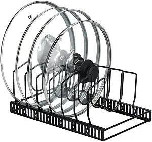 Toplife Pot Lids Organizer Rack for Cabinet and Countertop, 7+ Pan Lids and Bakeware Organizer Rack Holder with 7 Adjustable Compartments - Black