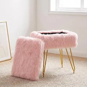 Vanity Stool Chair with Storage, Soft Ottoman Seat Vanity Chair with Anti-Slip Feet, Fluffy Padded Seat Multifunctional Footrest Side Table with 4 Metal Legs for Makeup, Bedroom, Dorm, Pink