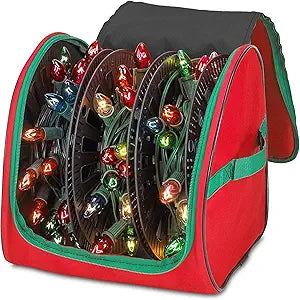HOLDN STORAGE Premium Christmas Light Storage Bag Heavy Duty Tear Proof 600D/Inside PVC Material with Reinforced Handles - 3 Reels Stores up to 375 Ft of Mini Tree Lights & Extension Cords Red