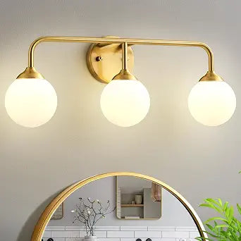 Bathroom Light Fixtures - 3 Light Brushed Brass Vanity Light Over Mirror for Bathroom Mirror Living Room Bedroom, Gold Bathroom Wall Sconce with Frosted Glass Shade, 3 G9 Bulbs Included
