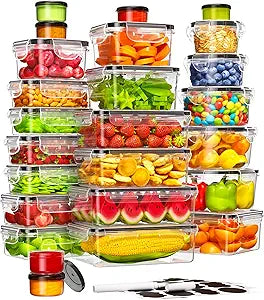 50 Piece Food Storage Containers with Lids(25 Containers & 25 Lids), BPA-Free Plastic Food Containers for Kitchen Storage and Organization, Leak Proof Meal Prep Container, Includes Labels & Pen