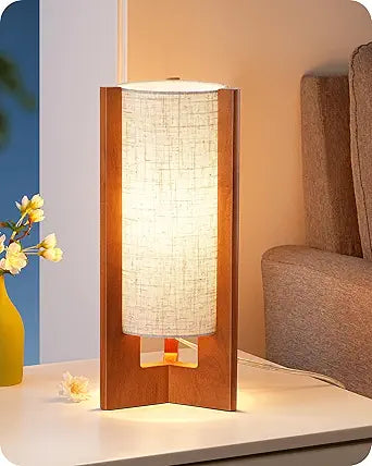 EDISHINE 13.5" Small Table Lamp, Walnut Wood Cylinder Nightstand Lamp, E26