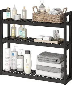 Bathroom Shelf Bamboo Organizer Rack Adjustable 3-Tier Storage Shelf Wall Mounted Storage Rack Over The Toilet Utility Shelves Living Room Kitchen Shelf(Black)