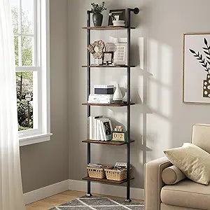 Axeman 5-Tier Ladder Shelf, Tall Narrow Bookcase for Small Spaces, Book Storage Organizer Case for Living Room, Home Office, Study, Industrial Style Black Metal Frame and Rustic Brown Shelf