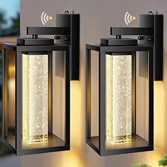 VIANIS Large Exterior Lighting Fixtures Wall Mount for House, Black Dusk to Dawn Porch Lights Outdoor with Integrated 10W LED Light Source Crystal Bubble Glass, 2 Packs Outdoor Wall Sconces Lantern