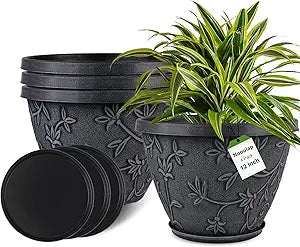 Nooulap 4 Pack 12 Inch Plant Pots for Outdoor Indoor, Plastic Flower Pots with Drainage Hole & Saucer, Modern Decorative Large Garden Pot, Imitation Magnolia Pots for Garden House PlantersGray