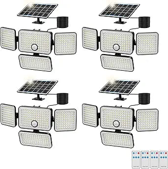 4PC 3000LM Solar Flood Lights Outdoor with Upgrade Solar Panel, 4 Head Motion Sensor Lights Flood Light with Extension Cord