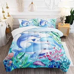 Dolphins Animal Aqua Blue Green Sea Comforter 3pcs Twin Kids Coral Jellyfish Comforter Set for Boys Girls Ocean Waves Bedding Fish Quilt Bed Set with 1 Comforter and 2 Pillowcases