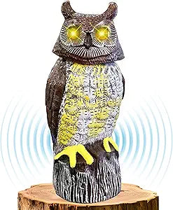 Solar Powered Owl with Motion Detection, Silent Mode, Flashing Eyes, Rotatable Head and Realistic Hoots, Plastic Owl Decoration for Home, Garden, Patio and Fence
