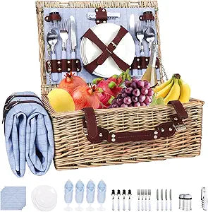 Picnic Baskets Wicker Willow Picnic Set for 4 Persons with Insulated Cooler Bag and Waterproof Blue Picnic Blanket Gift for Christmas Thanksgiving Wedding Birthday Camp Outdoor Beach Travel