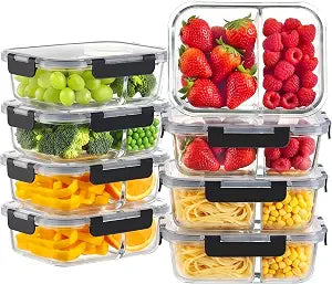 8 Pack 2 Compartment 36oz Borosilicate Glass Meal Prep Containers with Lids