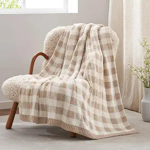 Snuggle Sac Buffalo Plaid Bedding Blanket Twin Size, Super Soft, Cozy Warm Knit Decorative Blankets, Reversible Plaid Fluffy Throws for Bed, Plaid Beige, 60x80 Inches
