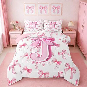 jejeloiu Kids Girls Cute Pink Bow Comforter Set Full Size Monogrammed