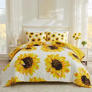Sunflower Bedding Set King Size, Flower Comforter Sets, 5 Piece Yellow Bedding Comforter Sets for Adults and Kids, Comfortable and Soft for All Seasons