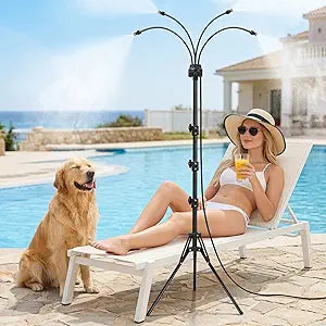 Upgraded Standing Misters for Outside Patio, 6FT Height Adjustable Outdoor Misting System, Portable Cooling Mister with Tripod, Brass Nozzles & 26FT Hose, Sprinkler for Tanning Backyard, Garden, Pets