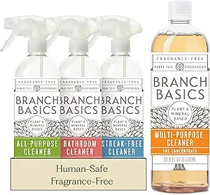 Branch Basics Cleaning Essentials Kit: All Purpose, Glass and Bathroom Cleaner - Concentrate (33.8 Oz) (17 Refills) + Refillable Plastic Spray Bottles (24 Oz) Plant Based, Human-Safe, & Fragrance Free