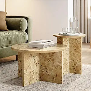 Stead Round Wooden Nesting Coffee Table Set - Versatile Nesting Tables & Round Wood Side Stand - Durable Lacquered Burl Veneer & Real Wood Construction - Burl, Set of 2