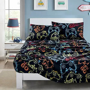 Chezmoi Collection 4-Piece Kids/Teens Gamer Sheet Set - Soft Microfiber Multi-Color Video Games Gamepad Whimsical Fun Kids Sheets, Queen Size