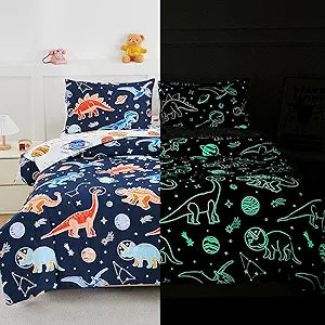 A Nice Night 5pc Glow in The Dark Kids Comforter Set,Dinosaur Galaxy Printed, Space Bedding Set Twin Size for Boys Girls Teen