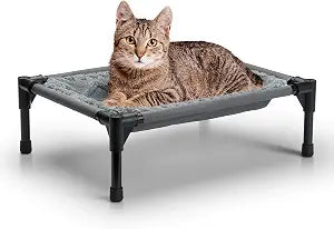 K&H Cat Hammock Bed - Free-Standing Elevated Cot Indoor Pet Bed with Metal Frame, Washable Plush Cover, Rubber Feet, Tool-Free Assembly, Hammock for Large Cats or Small Dogs - Gray 22" x 17"