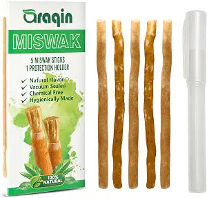 Pack of 5 Miswak Sticks for Teeth with 1 Holder - Natural Toothbrush Stick for Teeth Whitening & Healthy Gums | Vacuum Sealed Sewak Sticks for Teeth | Peelu Wood Miswak Toothbrush