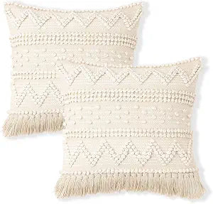 REDEARTH Boho Textured Throw Pillow Cushion Covers - Woven Tufted Decorative Farmhouse Cases Set for Couch - Bed - Chair - Dining - Covered Patio - 100% Cotton (18"x18" - Natural) Pack of 2