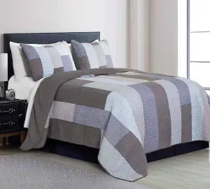 Chezmoi Collection Sora 3-Piece Plaid Checkered Grid Patchwork Stripe Quilt Set - Soft Lightweight 100% Washed Cotton Bedspread for All Season, King Size