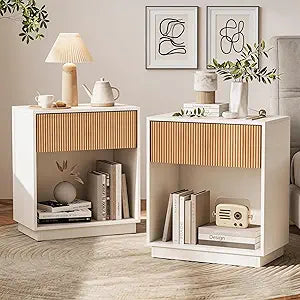 Fluted Nightstands Set of 2 Modern Side Table End Table (White+Oak)