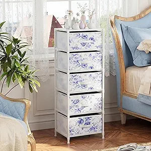 5 Drawer Chinoiserie Tall Dresser Fabric for Bedroom Vertical Storage Unit Organizer Tower Chest of Drawer Tall Narrow Closet Nightstand for Living Room Lingerie Hallway Entryway Dorm
