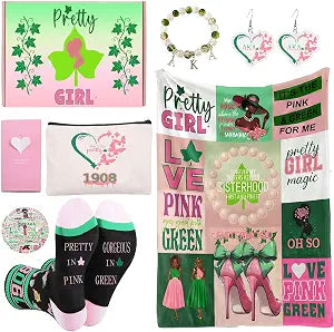 AKA Gifts for Women, 7pcs Gift Set for AKA Lovers, Pink and Green Throw Blanket, Sisterhood Present with Novelty Socks,Make Up Bag,Bracelets,Earrings,Stickers