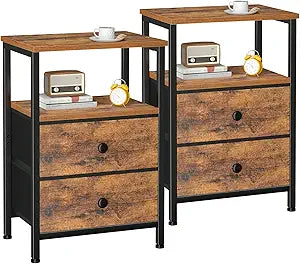 LOAKEKEL Night Stand Set 2, Bed Side Table with 2 Fabric Drawers, Nightstand with Open Storage Shelf for Bedroom, Small End Tables Living Room, Rustic Brown, HETS002BR