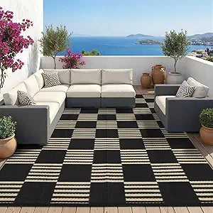 Garvee Waterproof Outdoor Rug 9x12, Checkered Foldable Plastic Straw Patio Camping Rug, Outdoor RV Carpet for Deck Camper Porch Balcony Backyard Picnic Beach Black and Brown