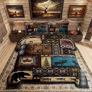 Erosebridal Rustic Cabin Lodge Queen Comforter Set for Kids Teens Adults,Hunting Bear Deer Bedding Set,Southwestern Aztec Duvet Insert,Farmhouse Tribal Bohemian Bed Set for All Season