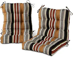 Tufted Outdoor Chair Cushions Hinged One-Piece Design, Reversible Patio Seat & Back Cushion with Ties, Durable Polyester Fabric, Recycled Polyfiber Fill, Set of 2, Brick Stripe