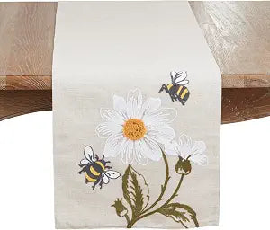 SARO LIFESTYLE Bee Floral Linen Blend Table Runner Decorative Botanical Accent for Dining Tables, Consoles & Buffets, 16"x70"