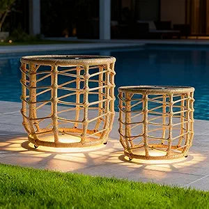 PARTPHONER Boho Solar Outdoor Side Table with Built-in Lights Set of 2, All-Weather Wicker Nesting Tables, Round Waterproof Accent End Table Design for Patio, Porch, Garden & Balcony, Natural Brown