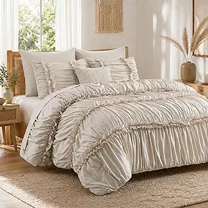 Seasonwood Queen Comforter Set, 7 Pieces Cream Bed in a Bag, Ruched Bedding Set with Bow Trim, Solid Color Comforter Set with Sheets, Pillowcases and Shams
