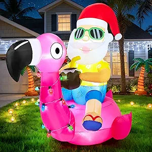 Christmas in July Hawaiian Santa Claus Riding Flamingo Inflatable Decoration 5FT Tropical Summer Beach Party Decor Blow up Outdoor Yard Garden Lawn Pool Xmas Holiday