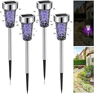 Qualirey 4 Pack Solar Bug Zapper Outdoor Waterproof Mosquito Repellent Killer Bug Zapper Lamp with LED Light for Outdoor Garden Patio Yard (Purple Light,Silver)