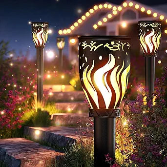 MrCrafts Nature Solar Lights Outdoor 4 Pack - 40'' Solar Powered Pathway Lights with Flickering Flame, Ideal for Gardens, Pathways, Patio, Balcony, Pool - Christmas, Halloween & Year - Round Decor