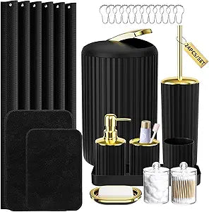 Black and Gold Bathroom Set with Shower Curtain and Rugs, Bathroom Accessories Sets with Extra Soft and Absorbent Bath Rugs Shower Curtain Black Bathroom Sets for Bath