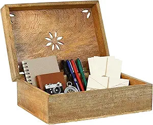 Mela Artisans 10.5 x 7.5 x 4 Mango Wood Box with Lid Serena Light Burnt Handcrafted Keepsake Box Extra Large Storage for Jewelry & Home Dcor Accents