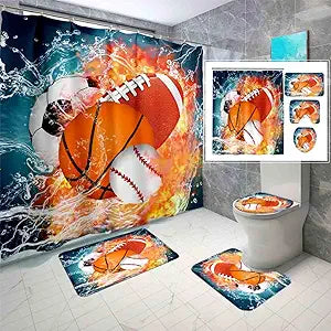 Basketball Shower Curtain Set 4PCS Football, Baseball Shower Curtain Sports Bathroom Set for Boys Bathroom Decor, with Rug Toilet Cover and Bath Mat, 12 Hooks