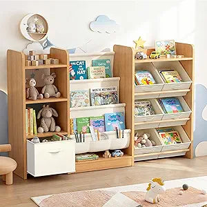 Kids Bookshelf and Toy Storage, Large Toy Storage Chest with Removable Bins, Kids Toy Storage Organizer, Sling Baby Bookcase, 4-Tier Book Shelf for Kids Room, Playroom, Classroom